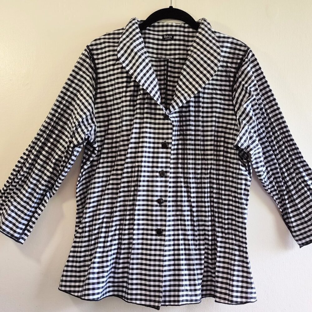 Beluva San Francisco Black & White Gingham Check Blouse Boho Travel Sz Large